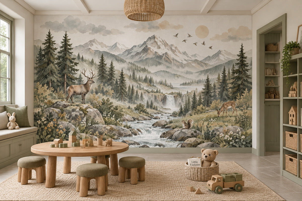 Deer And Waterfall Mountain Wallpaper Alpine Woodland Wall Mural