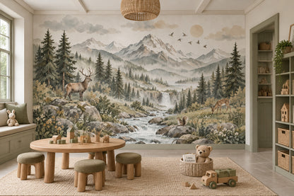 Deer And Waterfall Mountain Wallpaper Alpine Woodland Wall Mural