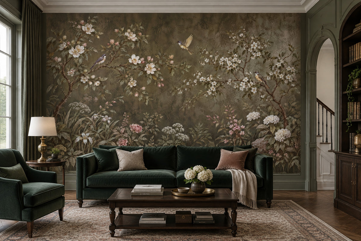 Blossoming Branches And Birds Wallpaper Vintage Chinoiserie Wall Mural