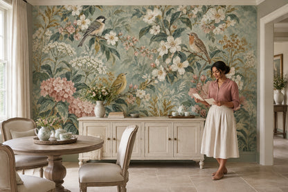 Birds And Blossom Branches Wallpaper Vintage Garden Wall Mural