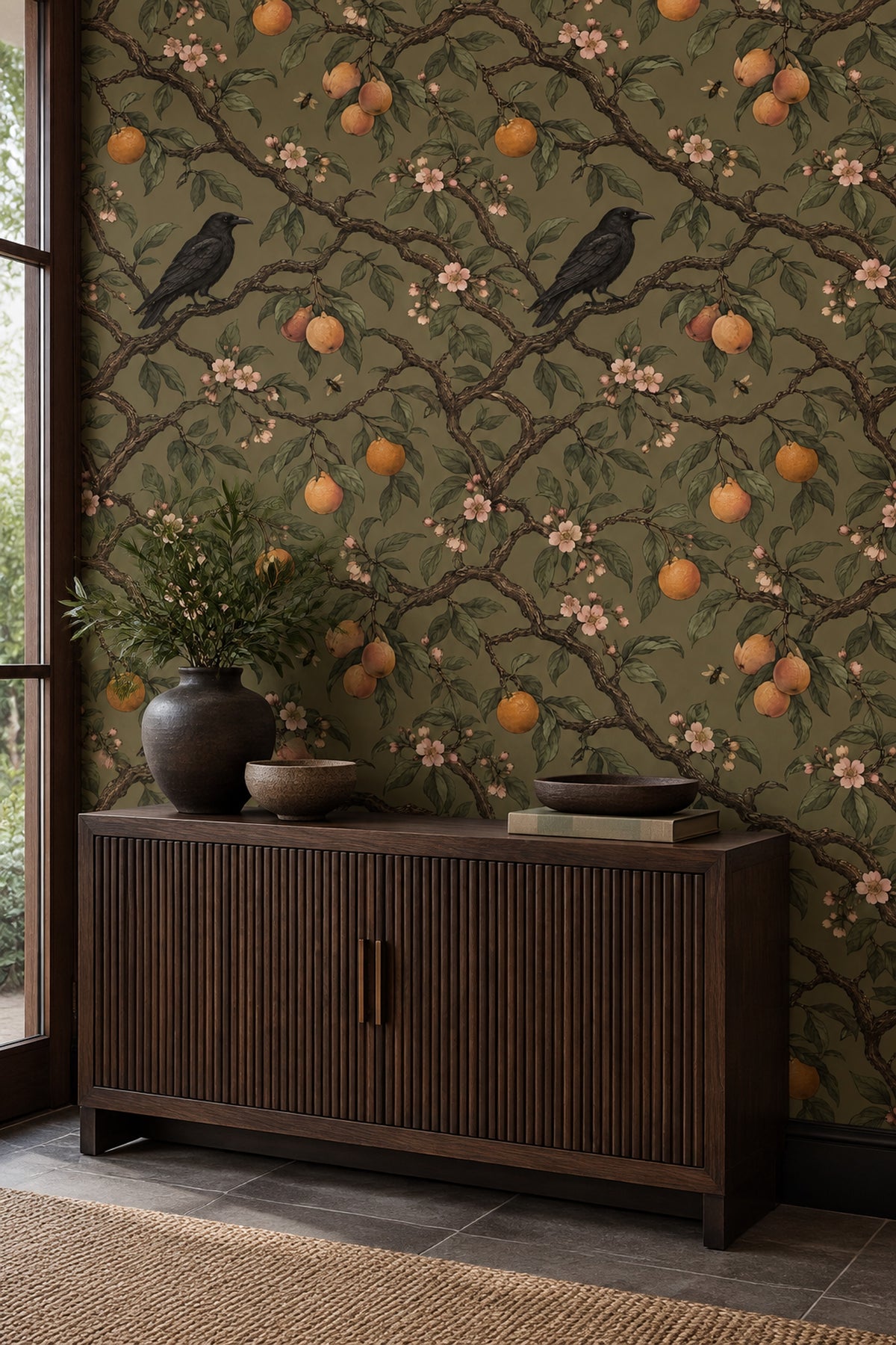 Raven And Citrus Branches Wallpaper Muted Green Vintage Botanical