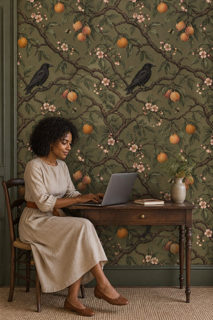 Raven And Citrus Branches Wallpaper Muted Green Vintage Botanical
