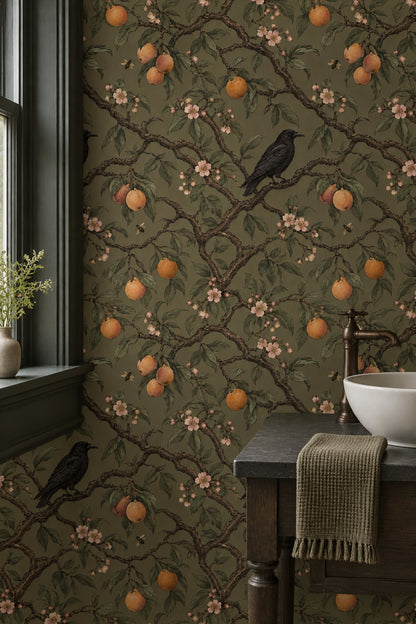 Raven And Citrus Branches Wallpaper Muted Green Vintage Botanical
