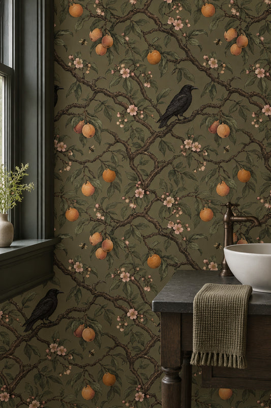 Raven And Citrus Branches Wallpaper Muted Green Vintage Botanical