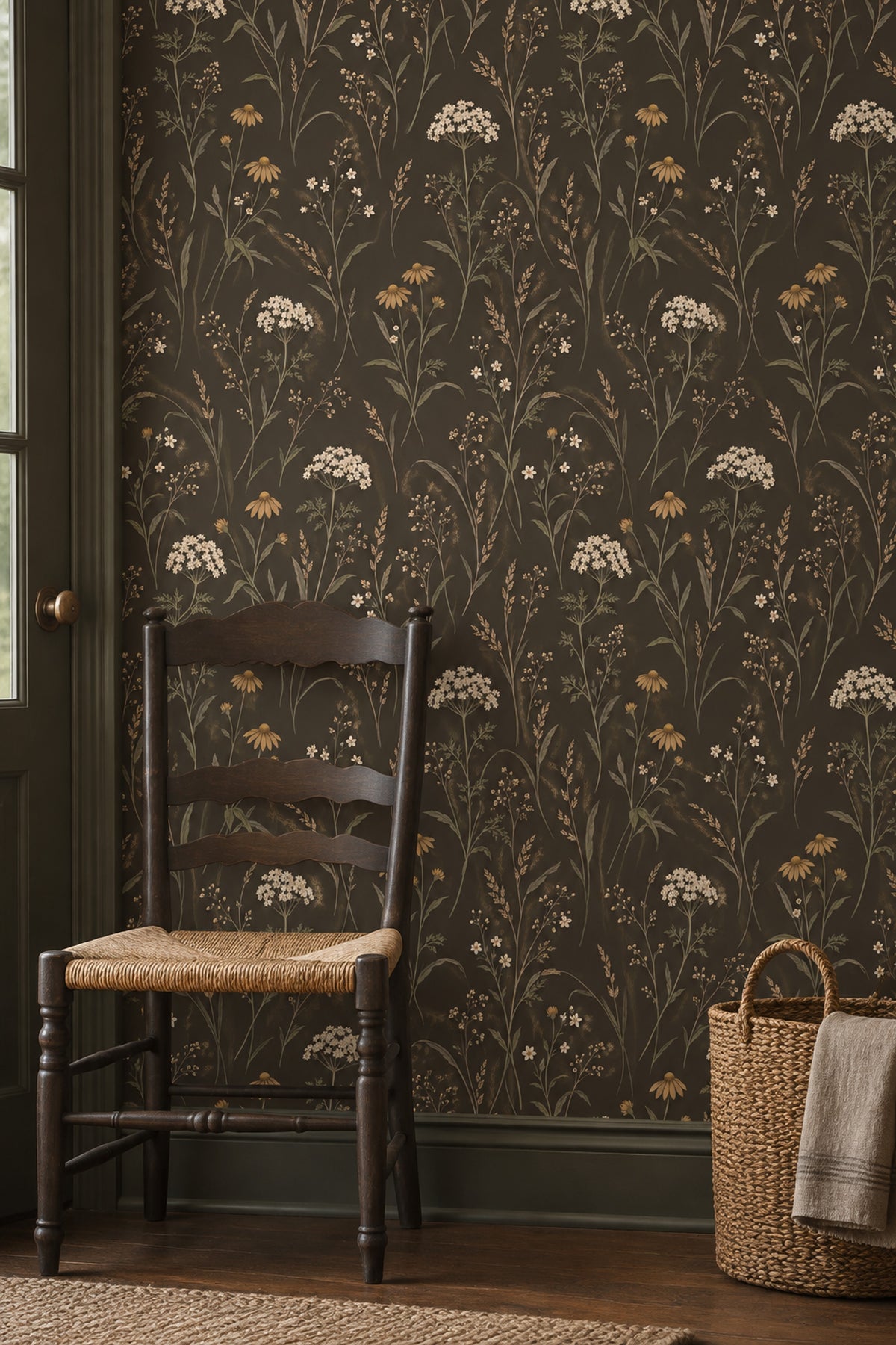 Wildflower Stems Wallpaper Dark Floral Brown Olive