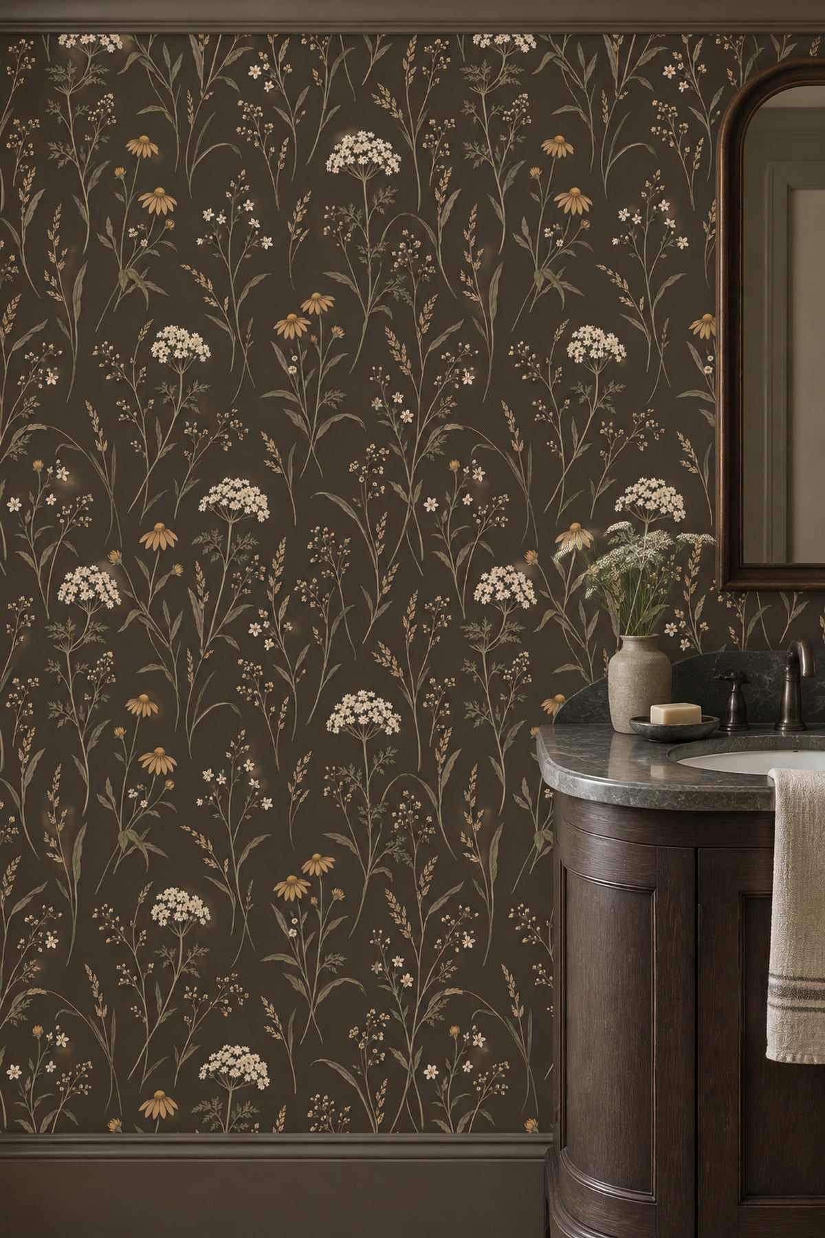 Wildflower Stems Wallpaper Dark Floral Brown Olive