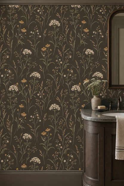 Wildflower Stems Wallpaper Dark Floral Brown Olive