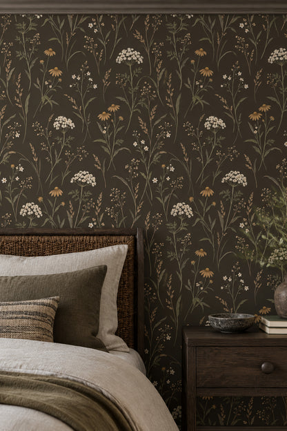 Wildflower Stems Wallpaper Dark Floral Brown Olive