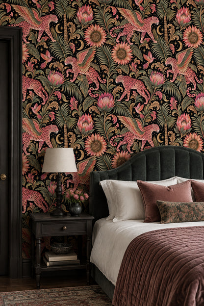 Winged Pink Leopards Wallpaper Tropical Floral Night Sky
