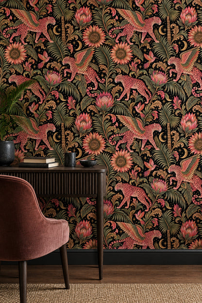 Winged Pink Leopards Wallpaper Tropical Floral Night Sky