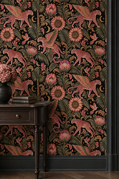 Winged Pink Leopards Wallpaper Tropical Floral Night Sky