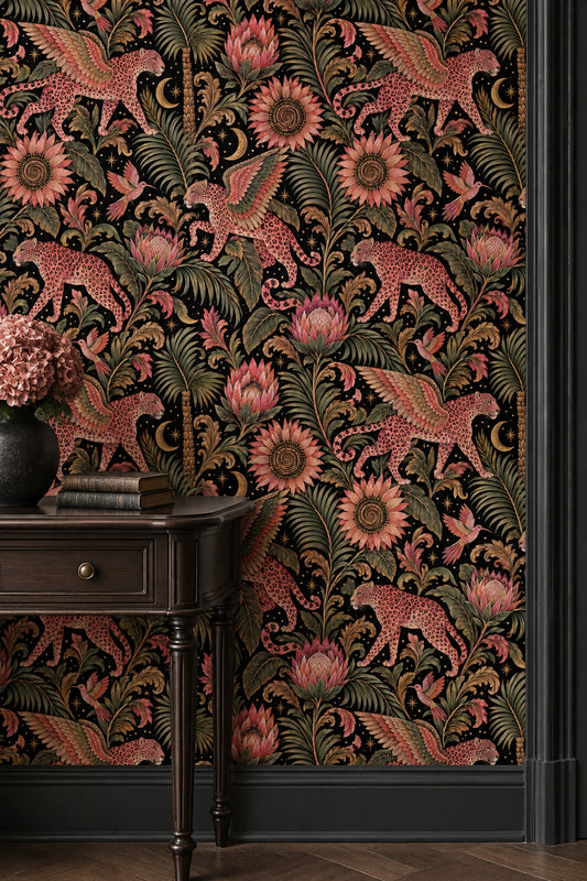 Winged Pink Leopards Wallpaper Tropical Floral Night Sky