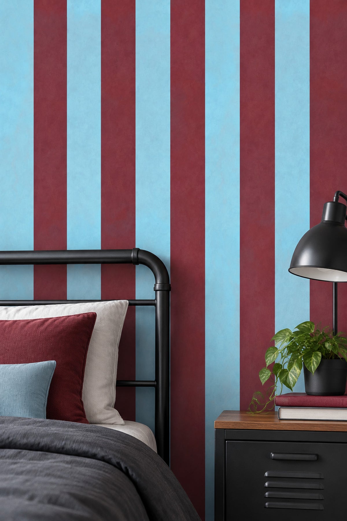 Vertical Stripes Wallpaper Light Blue And Burgundy Red