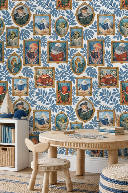Storybook Sea Animals In Gold Frames Wallpaper White Background
