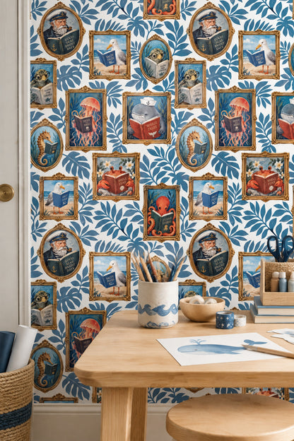 Storybook Sea Animals In Gold Frames Wallpaper White Background