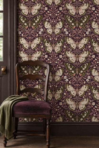Butterflies And Floral Branches Wallpaper Purple Background