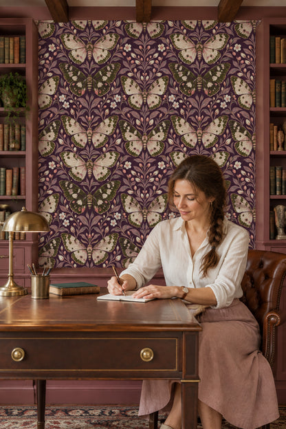 Butterflies And Floral Branches Wallpaper Purple Background