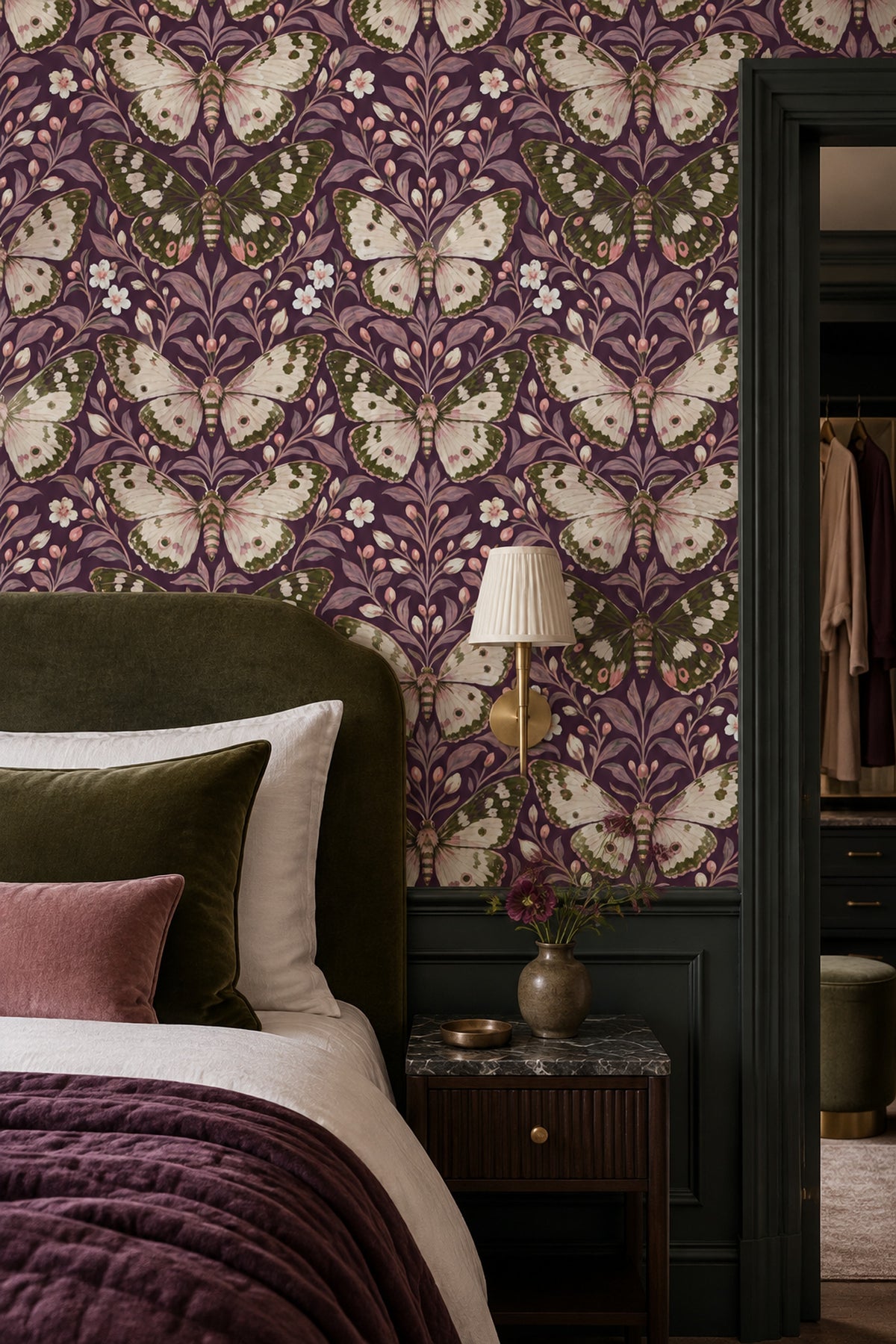 Butterflies And Floral Branches Wallpaper Purple Background