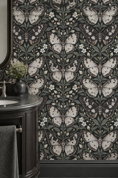 Vintage Butterfly And Botanical Branches Wallpaper Black Background