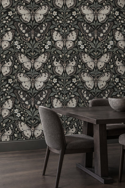 Vintage Butterfly And Botanical Branches Wallpaper Black Background