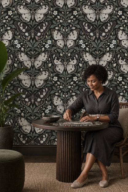 Vintage Butterfly And Botanical Branches Wallpaper Black Background