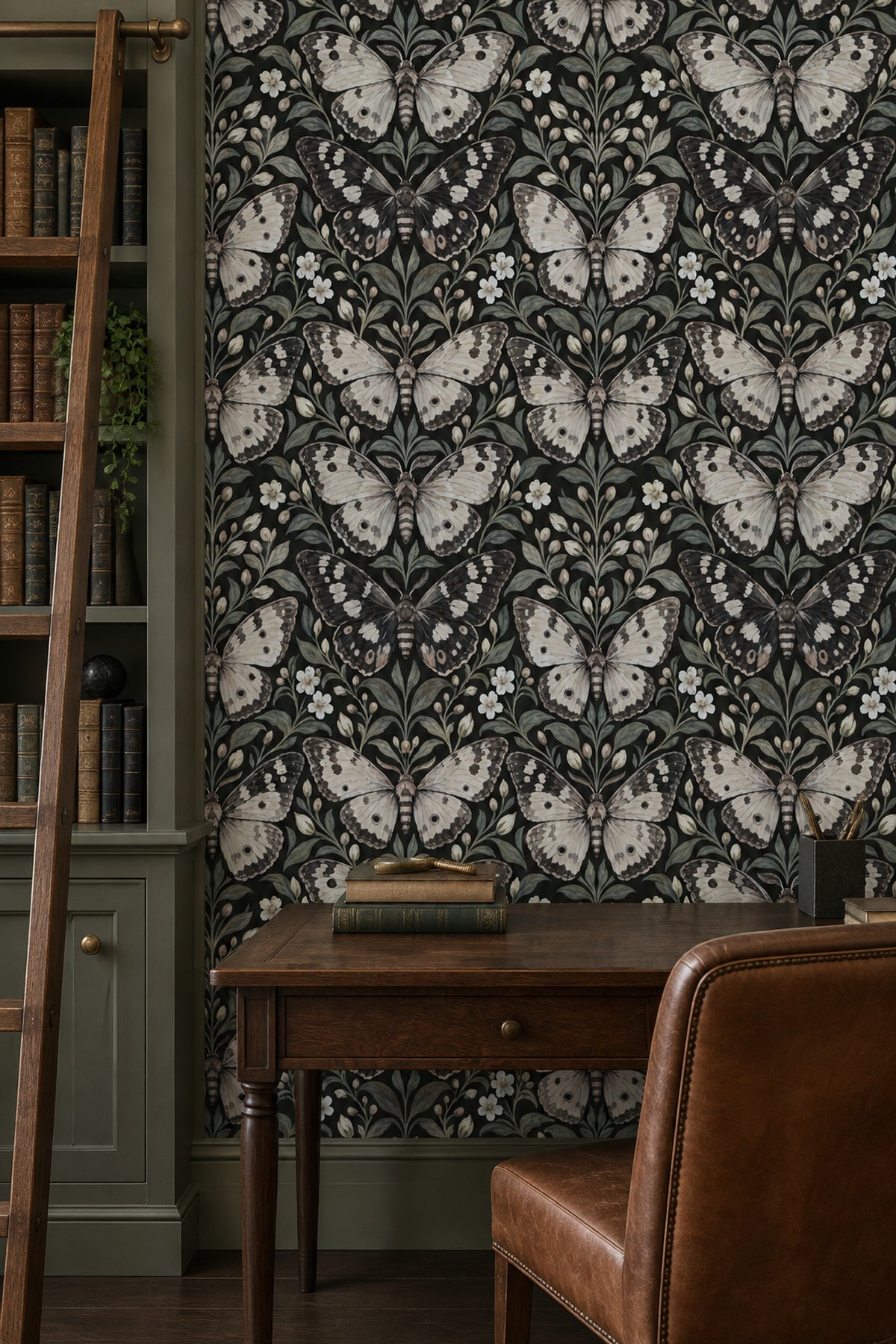 Vintage Butterfly And Botanical Branches Wallpaper Black Background