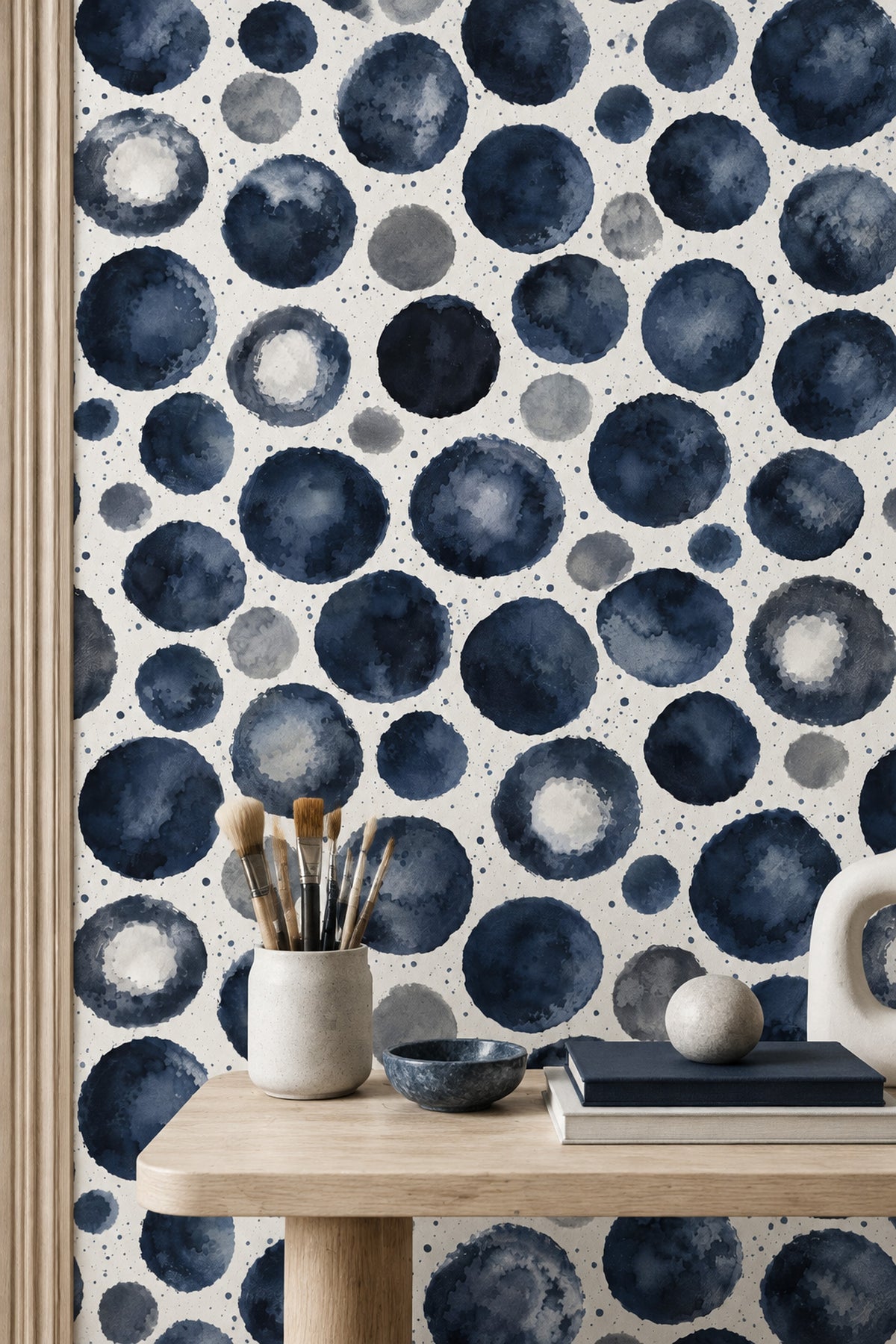 Navy Watercolor Dots Wallpaper Blue Gray Circle Pattern