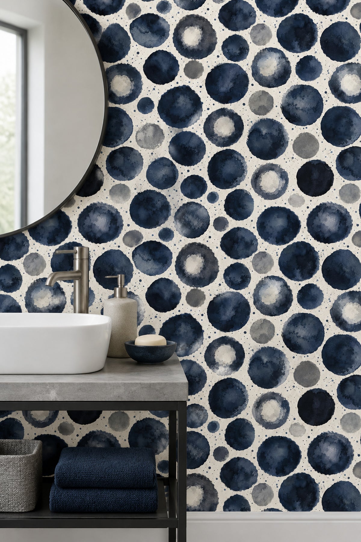 Navy Watercolor Dots Wallpaper Blue Gray Circle Pattern