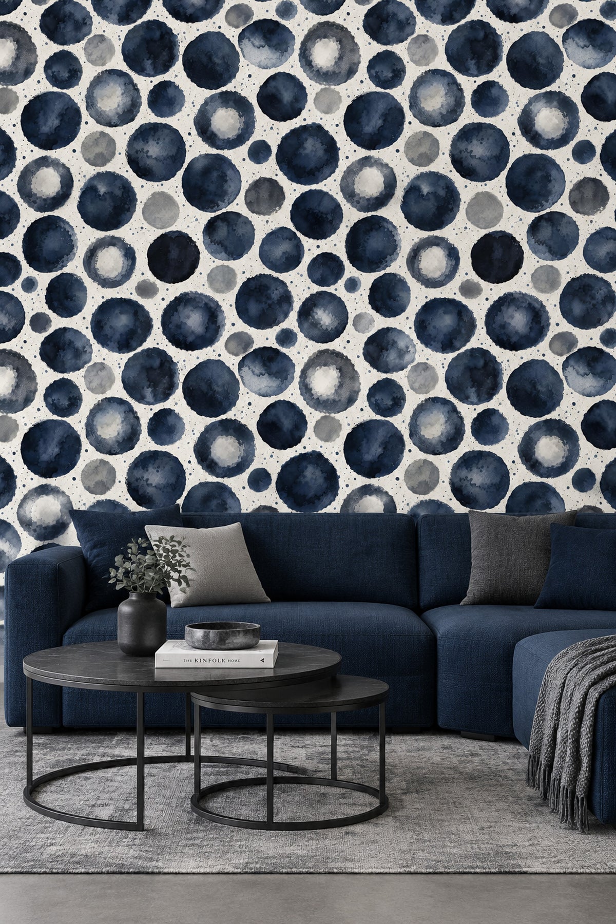 Navy Watercolor Dots Wallpaper Blue Gray Circle Pattern