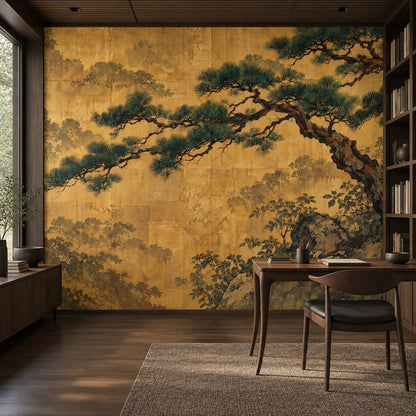 Twisted Pine Tree Wallpaper Mural Gold Leaf Japanese Landscape