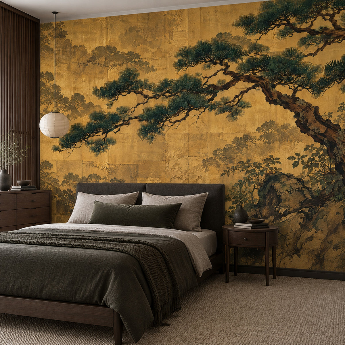 Twisted Pine Tree Wallpaper Mural Gold Leaf Japanese Landscape