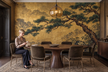 Twisted Pine Tree Wallpaper Mural Gold Leaf Japanese Landscape