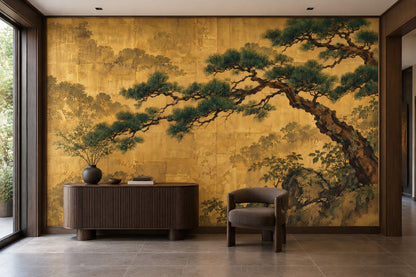 Twisted Pine Tree Wallpaper Mural Gold Leaf Japanese Landscape