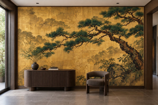 Twisted Pine Tree Wallpaper Mural Gold Leaf Japanese Landscape