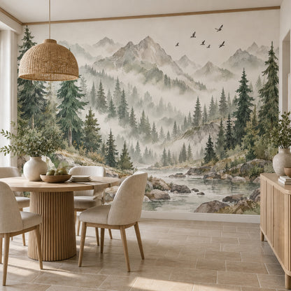 Misty Pine Forest Wallpaper Mural Watercolor Green Gray Mountains
