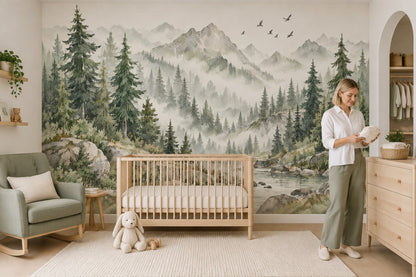 Misty Pine Forest Wallpaper Mural Watercolor Green Gray Mountains