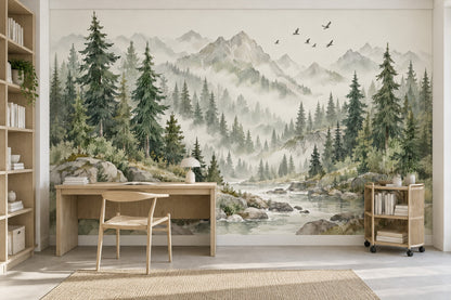 Misty Pine Forest Wallpaper Mural Watercolor Green Gray Mountains