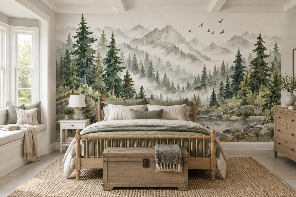 Misty Pine Forest Wallpaper Mural Watercolor Green Gray Mountains