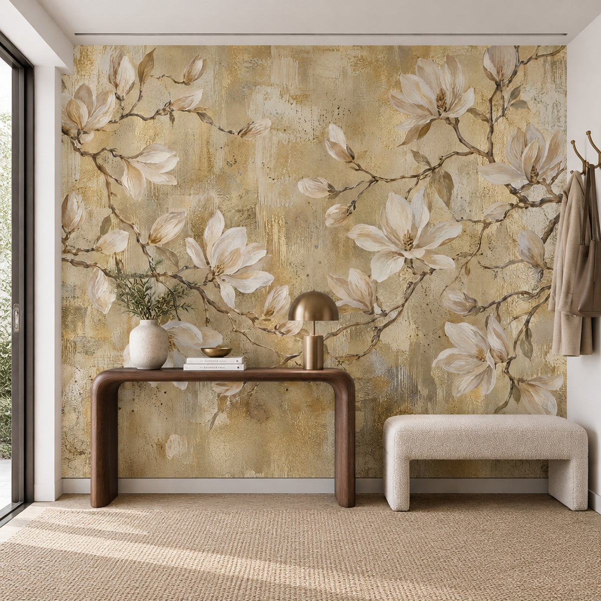 White Magnolia Flowers Wallpaper Mural, Textured Gold Beige Botanical Branches