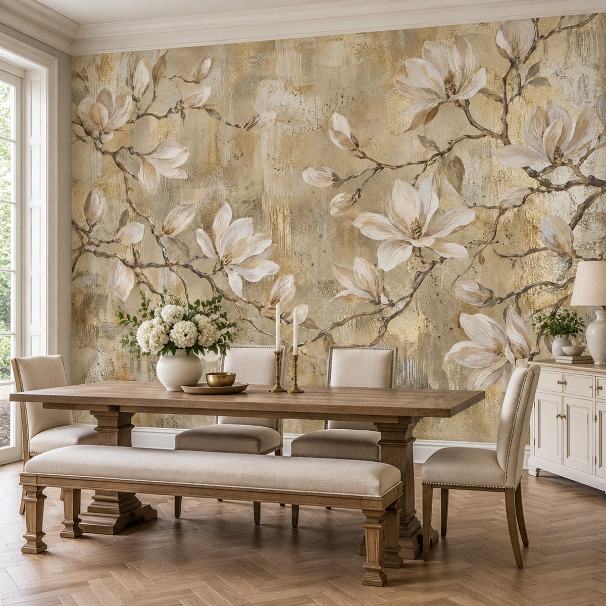 White Magnolia Flowers Wallpaper Mural, Textured Gold Beige Botanical Branches