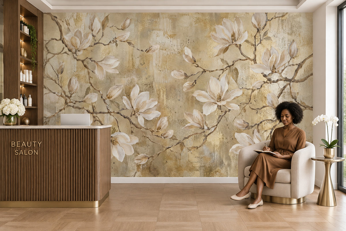 White Magnolia Flowers Wallpaper Mural, Textured Gold Beige Botanical Branches