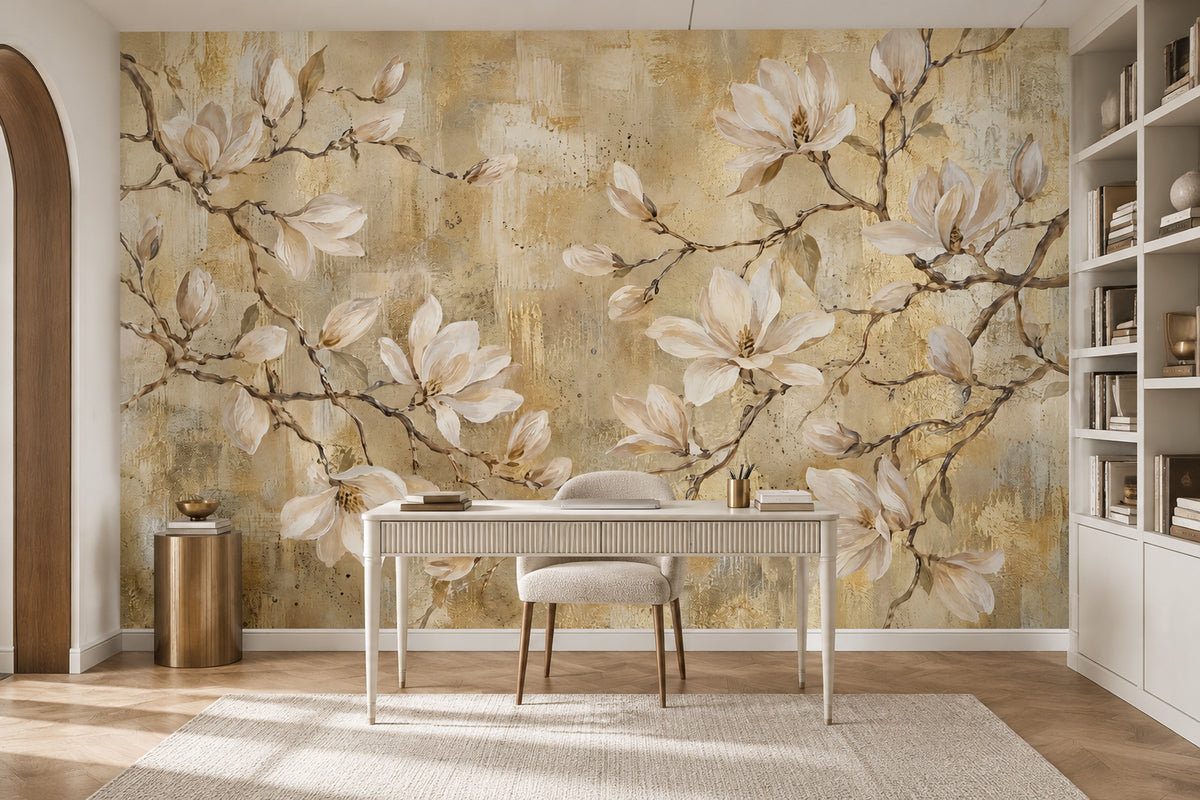 White Magnolia Flowers Wallpaper Mural, Textured Gold Beige Botanical Branches