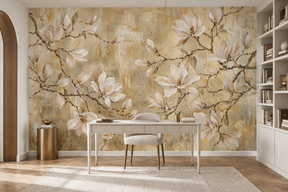 White Magnolia Flowers Wallpaper Mural, Textured Gold Beige Botanical Branches
