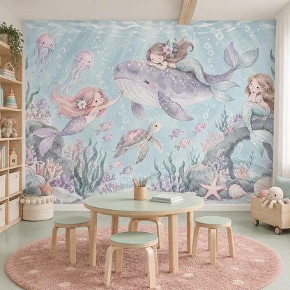 Mermaids On Smiling Whale Wallpaper Mural Pastel Watercolor Ocean
