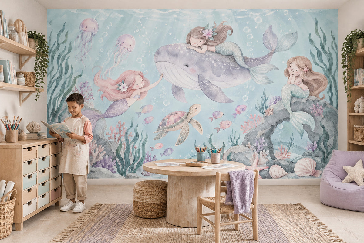 Mermaids On Smiling Whale Wallpaper Mural Pastel Watercolor Ocean