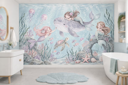 Mermaids On Smiling Whale Wallpaper Mural Pastel Watercolor Ocean
