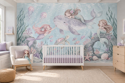 Mermaids On Smiling Whale Wallpaper Mural Pastel Watercolor Ocean