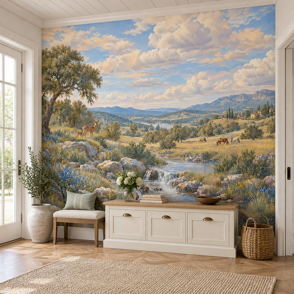 Deer And Stream Pastoral Landscape Wallpaper Mural Blue Sky Traditional