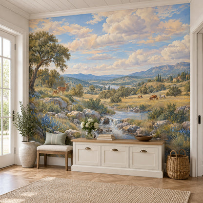 Deer And Stream Pastoral Landscape Wallpaper Mural Blue Sky Traditional