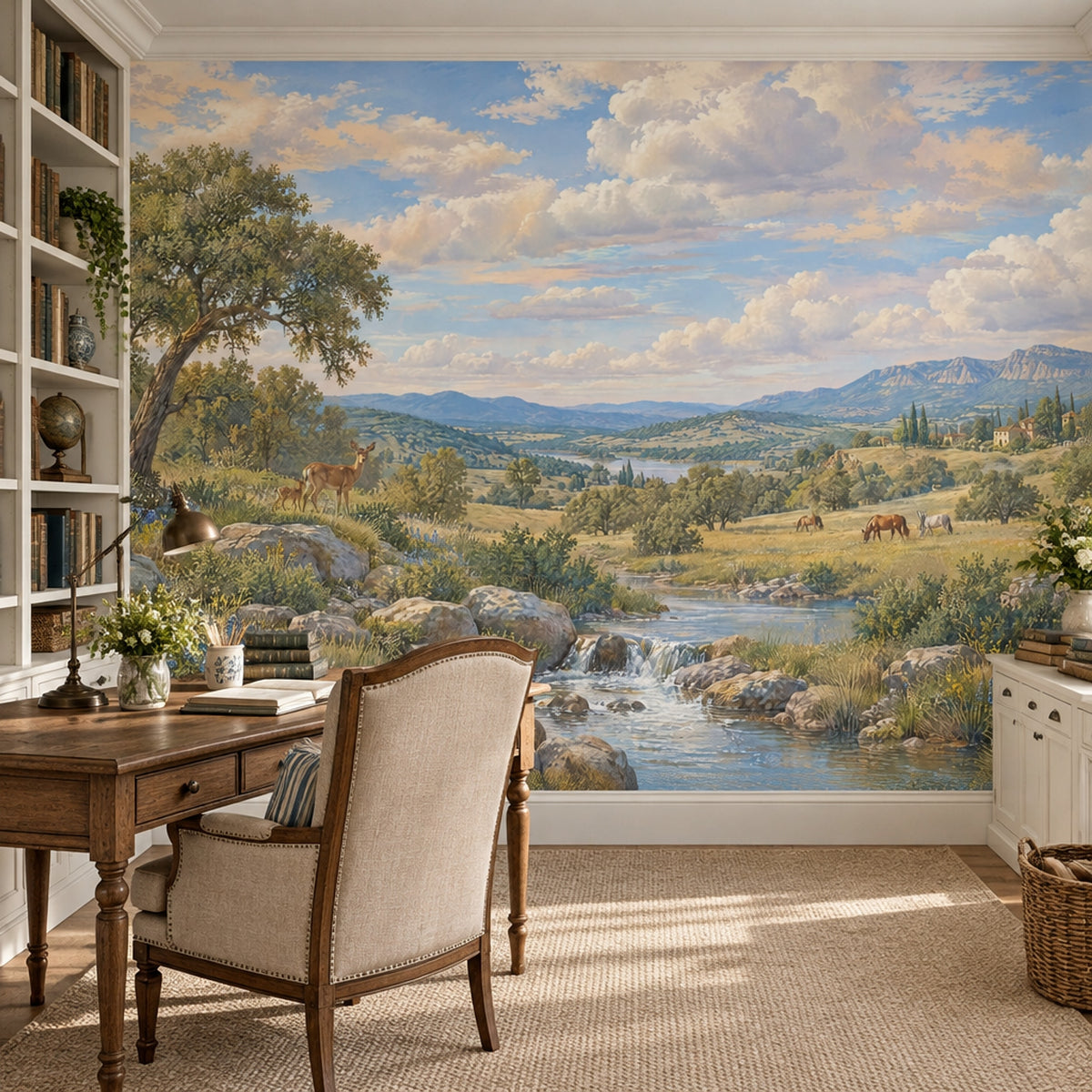 Deer And Stream Pastoral Landscape Wallpaper Mural Blue Sky Traditional